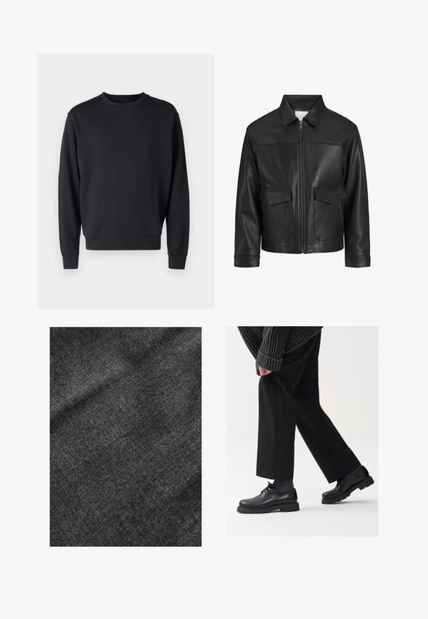 Črna usnjena jakna s ovratnikom, sprednjim zadrgo, dvema velikima žepoma s klapnio in gladko teksturo ter strukturirano prileganje.; Črna majica s kapuco iz mešanice bombaža z okroglim ovratnikom, dolgimi rokavi ter rebrastimi manšeti in obodom. Gladka struktura, minimalističen dizajn.; Teksturirana črna tkanina z mehko, nekoliko sijočo površino, ki prikazuje subtilen vzorec tkanja in gladko padanje.; Črne usnjene čEvlje s zaobljenim nosom, zavezovanjem in debelim, teksturiranim podplatom. Obute z urejenimi črnimi hlačami in rebrastim puloverjem.