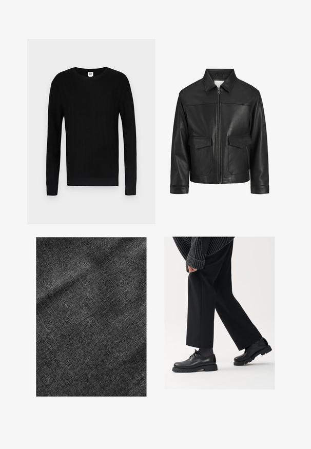 Czarna skórzana kurtka z kołnierzem, zapięciem na zamek z przodu, dwiema dużymi kieszeniami z klapką, gładką fakturą oraz dopasowanym krojem.; Czarny sweter o prążkowanej fakturze, z długimi rękawami i okrągłym dekoltem. Charakteryzuje się dopasowanym krojem i czystym designem. Logo marki przy szyi.; Teksturalna czarna tkanina z miękką, lekko błyszczącą powierzchnią, prezentująca subtelny wzór splotu i gładki układ.; Czarne skórzane buty z okrągłym noskiem, sznurowanym zapięciem i grubą, fakturowaną podeszwą. Noszone z dopasowanymi czarnymi spodniami i swetrem z prążkowanej tkaniny.