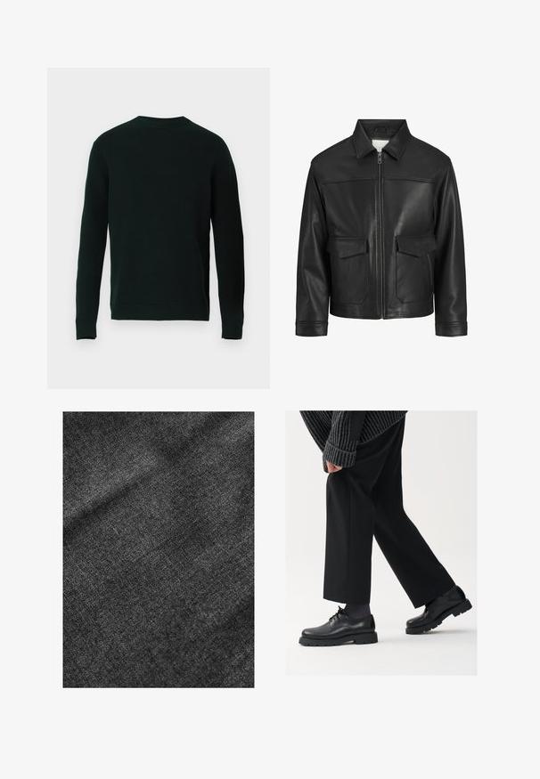 Giubbotto di pelle nera con colletto, chiusura frontale con zip, due ampie tasche a pattina, texture liscia e vestibilità strutturata.; Maglione lavorato a maglia verde scuro a maniche lunghe con colletto rotondo a costine, polsini e orlo, esposto su uno sfondo bianco uniforme.; Tessuto nero testurizzato con una superficie morbida e leggermente lucida, che mostra un sottile motivo di tessitura e una caduta morbida.; Scarpe in pelle nera con punta arrotondata, design con lacci e suola spessa e texture. Indossate con pantaloni neri su misura e un maglione a coste.