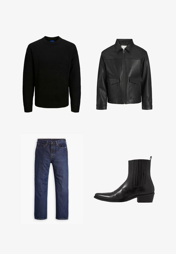 Black leather jacket with a collar, front zip closure, two large flap pockets, smooth texture, and structured fit.; Black knitted sweater with a crew neckline, long sleeves, and ribbed trims at the collar and hem. Soft texture, casual fit.; Dark blue straight-leg denim jeans with front button, zipper fly, five pockets, and copper rivet details.; Black leather ankle boot with a pointed toe, elastic side panels, vertical stitching accents, and a low block heel.