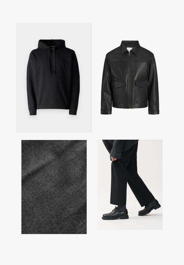 Giubbotto di pelle nera con colletto, chiusura frontale con zip, due ampie tasche a pattina, texture liscia e vestibilità strutturata.; Felpa nera con cappuccio realizzata in tessuto morbido, dotata di tasca a marsupio, polsini a costine e un cordino regolabile nel cappuccio.; Tessuto nero testurizzato con una superficie morbida e leggermente lucida, che mostra un sottile motivo di tessitura e una caduta morbida.; Scarpe in pelle nera con punta arrotondata, design con lacci e suola spessa e texture. Indossate con pantaloni neri su misura e un maglione a coste.