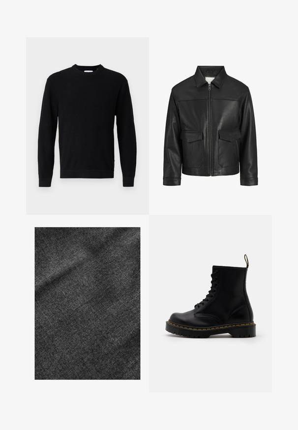 Juodas odinis švarkas su apykakle, priekinis užtrauktukas, dvi didelės kišenės su atlapais, lygus paviršius ir struktūruotas siluetas.; Juodas megztinis su apvaliu iškirpimu, ilgomis rankovėmis ir raštuotu paviršiumi. Turi tiesią apačią ir minimalistinį dizainą.; Textūruotas juodas audinys su minkštu, šiek tiek blizgiu paviršiumi, rodantis subtilų audimo raštą ir lygų kritimą.; Juodi odiniai auliniai batai su raištelių priekiu, geltonu siuvimu, apvaliu pirštu ir storu, tekstūruotu guminio pado.