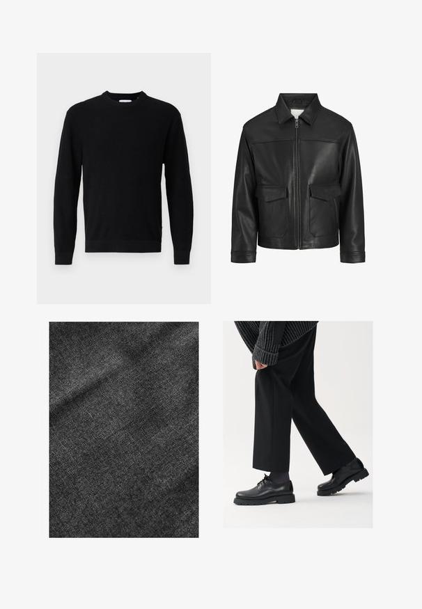 Giubbotto di pelle nera con colletto, chiusura frontale con zip, due ampie tasche a pattina, texture liscia e vestibilità strutturata.; Maglione nero lavorato a maglia con scollo rotondo, maniche lunghe e una texture a coste. Presenta un orlo dritto e un design minimale.; Tessuto nero testurizzato con una superficie morbida e leggermente lucida, che mostra un sottile motivo di tessitura e una caduta morbida.; Scarpe in pelle nera con punta arrotondata, design con lacci e suola spessa e texture. Indossate con pantaloni neri su misura e un maglione a coste.