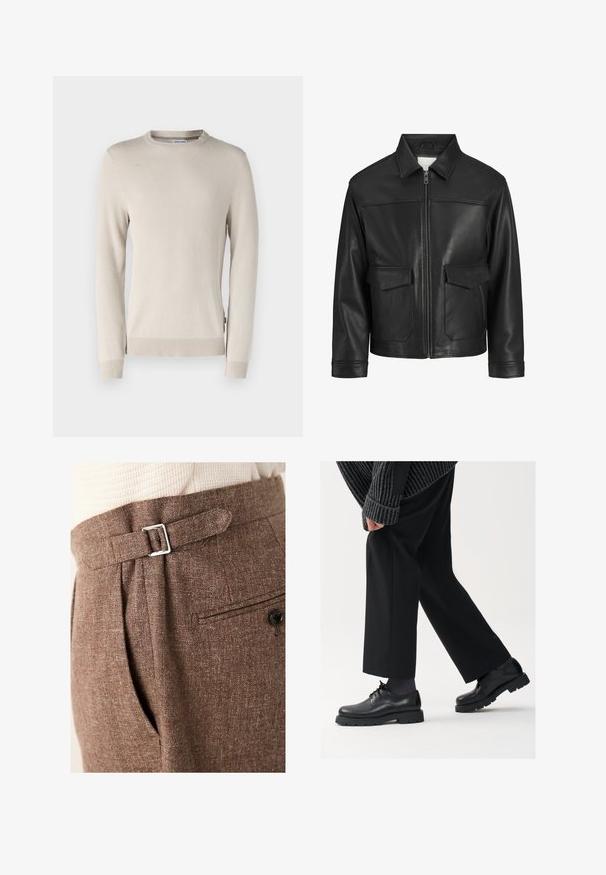 Fekete bőrdzseki gallérral, elöl cipzárral, két nagy fedeles zsebbel, sima felülettel és strukturált fazonnal.; Beige kötött pulóver, texturált mintával, kerek nyakkivágással, bordázott mandzsettákkal és hem. Puha, lélegző anyagból készült.; Barna, testre szabott nadrág, amely texturált anyagból készült, ezüst csattal a deréknál, redőkkel és egy gombbal zárható hátsó zsebből áll.; Fekete bőr cipők kerek orral, fűzős kialakítással és vastag, texturált talppal. Öltönyös fekete nadrággal és bordázott pulóverrel viselve.
