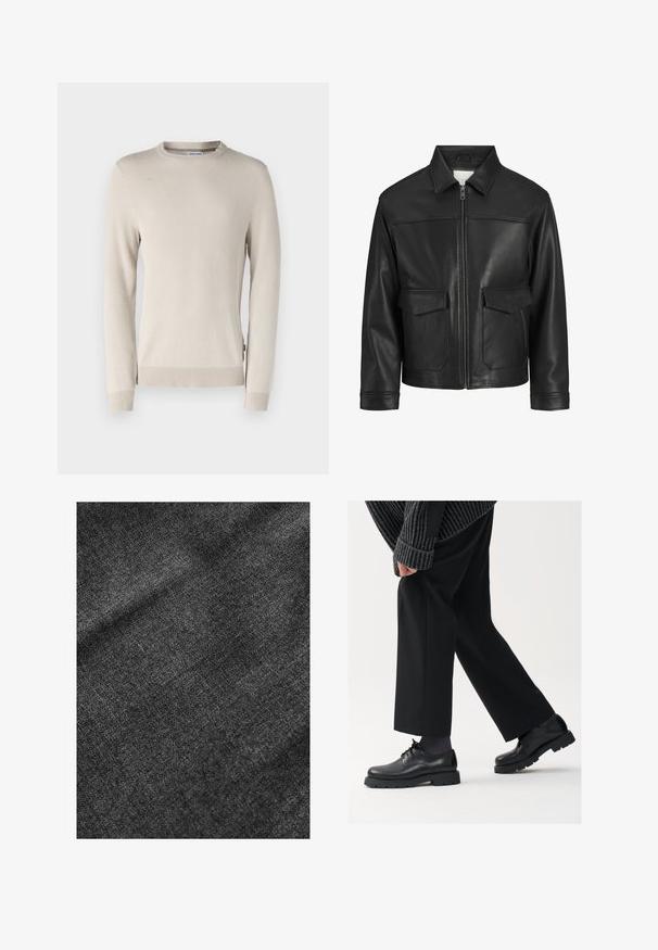 Juodas odinis švarkas su apykakle, priekinis užtrauktukas, dvi didelės kišenės su atlapais, lygus paviršius ir struktūruotas siluetas.; Bežinis mezginys megztinis su tekstūruotu raštu, apvalia iškirpte ir gipiūro rankogaliais bei apačia. Pagamintas iš minkštos, kvėpuojančios medžiagos.; Textūruotas juodas audinys su minkštu, šiek tiek blizgiu paviršiumi, rodantis subtilų audimo raštą ir lygų kritimą.; Juodos odinės kojinės su apvalia nosimi, raištelių dizainu ir storu, tekstūriniu padu. Dėvimos su pritaikytomis juodomis kelnėmis ir liniuotėmis megztiniu.