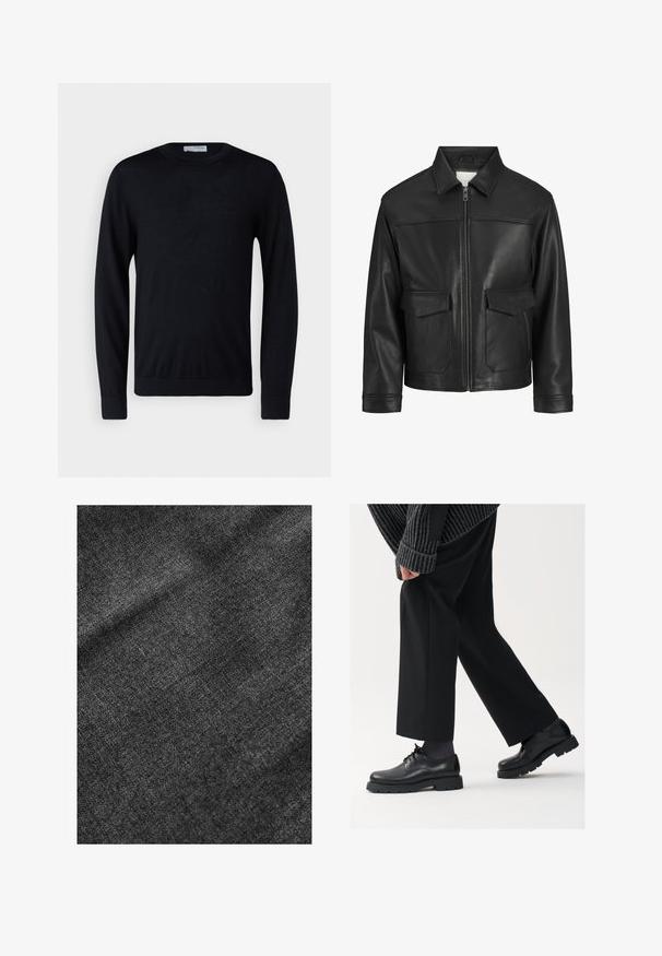 Melna ādas jaka ar apkakli, priekšējo rāvējslēdzēju, divām lielām kabatām ar atloku, gludu tekstūru un strukturētu piegriezumu.; Melna garo piedurknu džemperis ar apaļu kakla izgriezumu, izgatavots no gludas adījuma auduma, ar pieguļošām aprocēm un taisnu malu.; Tekstūrēta melna auduma ar mīkstu, nedaudz spīdīgu virsmu, kurā ir redzama smalka austu rakstu un gluda krāsa.; Melni ādas apavi ar noapaļotu purngalu, aukliņu dizainu un biezu, teksturētu zoli. Valkāti ar piegrieztām melnām biksēm un ribotu džempera.