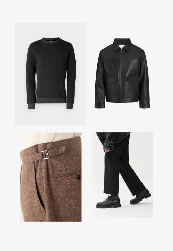 Schwarze Lederjacke mit Kragen, Frontreißverschluss, zwei großen Klappen Taschen, glatte Textur und strukturierte Passform.; Dunkelgrauer Strickpullover mit strukturiertem Oberflächen, Rundhalsausschnitt und gerippten Bündchen sowie Saum. Hat lange Ärmel und eine klassische Passform.; Braune maßgeschneiderte Hose aus strukturiertem Stoff, mit einer silbernen Schnalle an der Taille, Falten und einer Gesäßtasche mit Knopf.; Schwarze Lederschuhe mit einer runden Spitze, Schnürdesign und dicker, strukturierter Sohle. Getragen mit maßgeschneiderten schwarzen Hosen und einem gerippten Pullover.