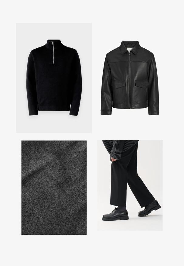 Črna usnjena jakna s ovratnikom, sprednjim zadrgo, dvema velikima žepoma s klapnio in gladko teksturo ter strukturirano prileganje.; Črn pulover s visokim ovratnikom in pol zadrgo. Narejen iz rebraste tkanine, ima dolge rokave in gladko teksturo.; Teksturirana črna tkanina z mehko, nekoliko sijočo površino, ki prikazuje subtilen vzorec tkanja in gladko padanje.; Črne usnjene čEvlje s zaobljenim nosom, zavezovanjem in debelim, teksturiranim podplatom. Obute z urejenimi črnimi hlačami in rebrastim puloverjem.