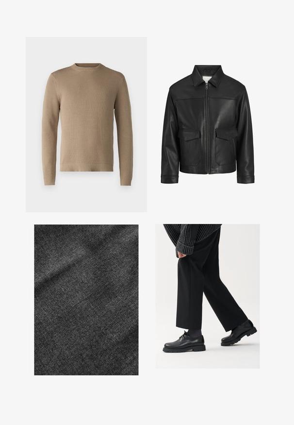 Melna ādas jaka ar apkakli, priekšējo rāvējslēdzēju, divām lielām kabatām ar atloku, gludu tekstūru un strukturētu piegriezumu.; Beige adīta džemperis ar apaļu kaklu, ribotu piedurkņu un apakšmalu, kā arī teksturētu audumu, ar vienkrāsainu dizainu bez rakstiem vai akcentiem.; Tekstūrēta melna auduma ar mīkstu, nedaudz spīdīgu virsmu, kurā ir redzama smalka austu rakstu un gluda krāsa.; Melni ādas apavi ar noapaļotu purngalu, aukliņu dizainu un biezu, teksturētu zoli. Valkāti ar piegrieztām melnām biksēm un ribotu džempera.