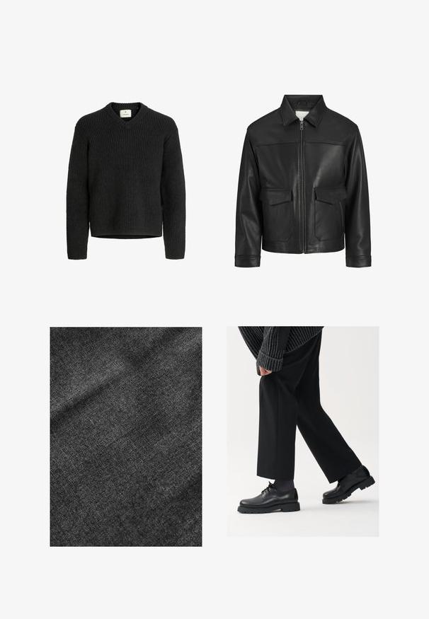 Juodas odinis švarkas su apykakle, priekinis užtrauktukas, dvi didelės kišenės su atlapais, lygus paviršius ir struktūruotas siluetas.; Juodas megztinis su V formos iškirpte, raukšlėtu paviršiumi, ilgomis rankovėmis ir tiesia apatine dalimi. Pagamintas iš minkštos, storos medžiagos.; Textūruotas juodas audinys su minkštu, šiek tiek blizgiu paviršiumi, rodantis subtilų audimo raštą ir lygų kritimą.; Juodos odinės kojinės su apvalia nosimi, raištelių dizainu ir storu, tekstūriniu padu. Dėvimos su pritaikytomis juodomis kelnėmis ir liniuotėmis megztiniu.