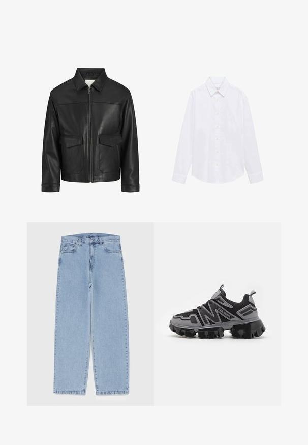 Sort læderjakke med krave, lynlås foran, to store klapperlommer, glat tekstur og struktureret pasform.; Hvid langærmet skjorte i bomuldsstof. Har spids krave, knaplukning og enkelt manchet. Minimalistisk design uden mønstre.; Lyseblå denimjeans med straight leg-design, der har en mid-rise talje, fem lommer og en lukning med knap og lynlås.; Steve Madden PRIVE - Sneakers - light grey