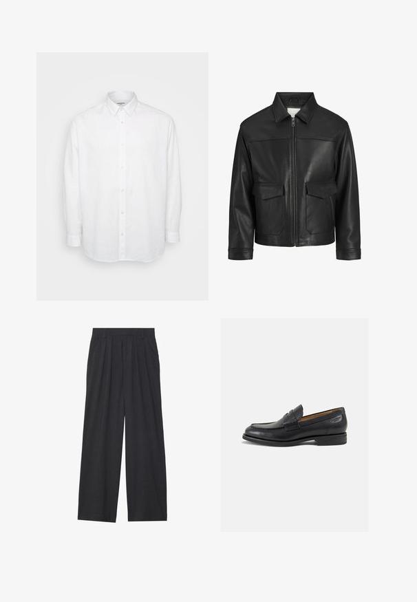 Zwarte leren jack met kraag, ritssluiting aan de voorkant, twee grote klepzakken, een gladde textuur en een gestructureerde pasvorm.; Witte langemouwen shirt van lichtgewicht linnen, met een button-down kraag, knopen aan de voorkant en een relaxte pasvorm met geknoopte mouwen.; Wijd-uitlopende broeken van donkergrijze stof. Kenmerken zijn plooien bij de taille, een tailor-made ontwerp en een rechte silhouet.; Zwarte leren loafers met een gladde afwerking, ronde neus en decoratieve stiksels op de wreef. Lage gestapelde hak en een lichte glans.