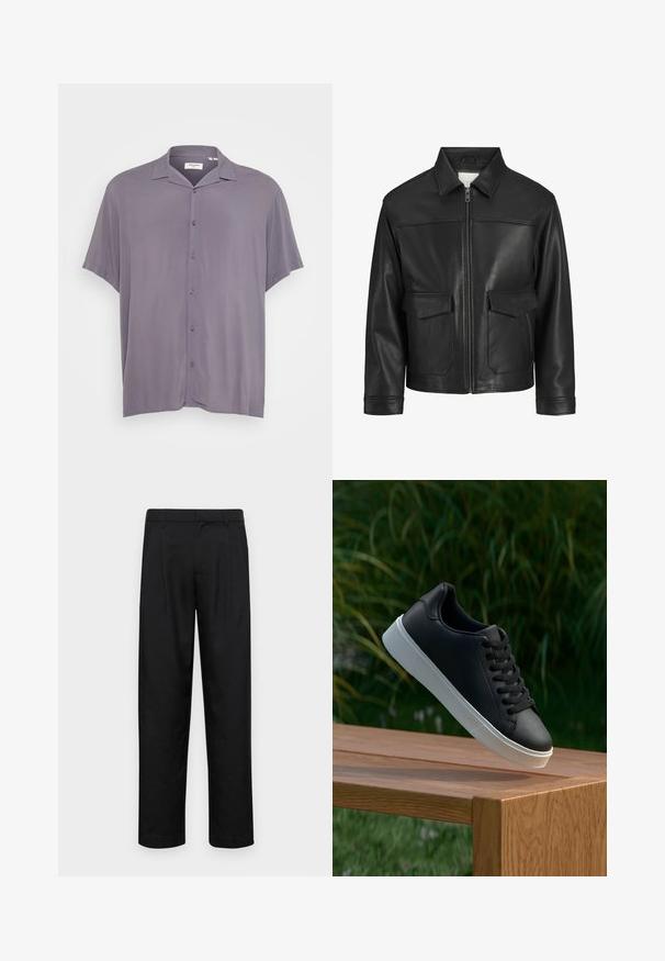 Crna kožna jakna s ovratnikom, prednjim zatvaračem na zip, dva velika džepa s preklopom, glatkom teksturom i strukturiranim krojem.; Košulja kratkih rukava s gumbima u svijetlosivoj tkanini. Ima klasičan ovratnik, opušteni kroj i glatku teksturu bez uzoraka ili naglasaka.; Crne hlače od glatkog materijala, s dizajnom ravnih nogavica, dva prednja nabora i standardnim pojasom s petljama za remen.; Crne kožne tenisice s glatkom teksturom, bijelim gumeni potplat i šest rupica za vezice, izložene na drvenoj površini.