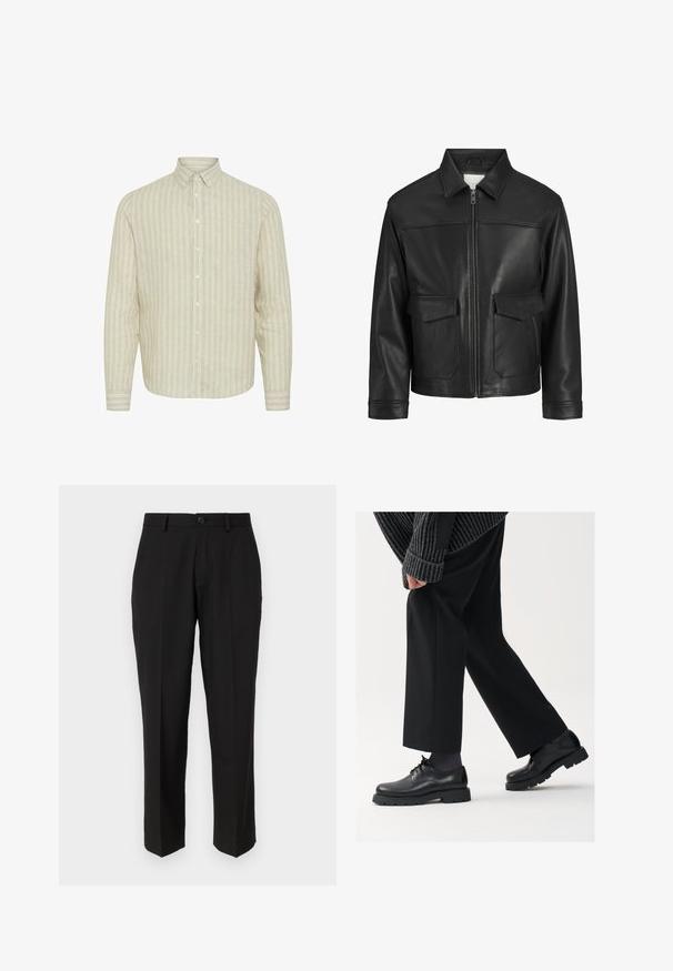 Juodas odinis švarkas su apykakle, priekinis užtrauktukas, dvi didelės kišenės su atlapais, lygus paviršius ir struktūruotas siluetas.; Šviesiai smėlinės ilgos rankovės marškiniai su vertikaliomis juostelėmis. Pagaminti iš tekstūruotos medžiagos, turi apykaklę su mygtukais ir priekinį užsegimą.; Juodos kelnės, pagamintos iš lygaus audinio, su tiesiu krepšeliu, priekinėmis kišenėmis, vieno mygtuko užsegimu ir be matomų raštų.; Juodos odinės kojinės su apvalia nosimi, raištelių dizainu ir storu, tekstūriniu padu. Dėvimos su pritaikytomis juodomis kelnėmis ir liniuotėmis megztiniu.