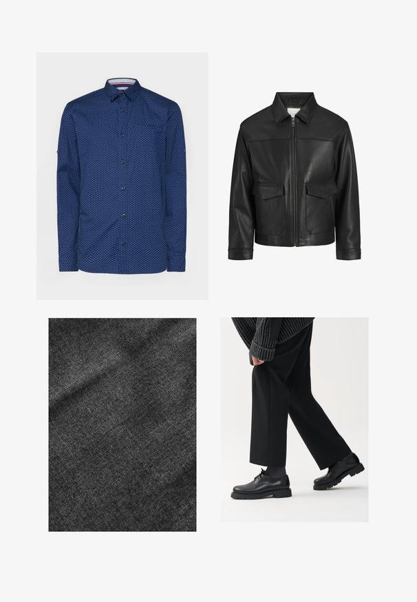Must mustserve nahkjakker, millel on krae, esine tõmblukk, kaks suurt klapiga taskut, sile tekstuur ja struktureeritud sobivus.; Tumedat sinine särk valgete täppidega, pika varrukaga, nupuga ees, ühe rinna taskuga ja kontrastse sisekrae detailiga.; Struktuurne must kangas, millel on pehme, pisut särav pind, millel on peen kudumis muster ja sujuv langevus.; Mustad mustad nahast kingad ümarate varvastega, nööridega disain ja paks tekstuurne talla. Kanda koos kohandatud mustade pükstega ja ribadega sviitriga.