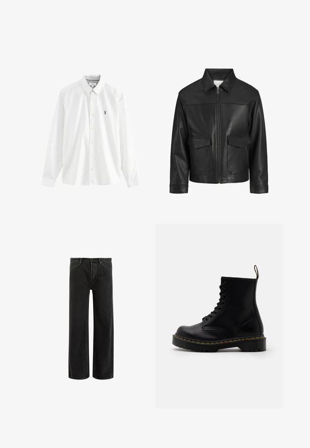 Crna kožna jakna s ovratnikom, prednjim zatvaračem na zip, dva velika džepa s preklopom, glatkom teksturom i strukturiranim krojem.; Bijela košulja dugih rukava od pamuka. Ima kragnu na dugme, žute dugmadi i mali mornarički rak na lijevoj strani prsiju.; Crne traperice s širokim nogavicama i visokim strukom, s klasičnim dizajnom pet džepova i suptilnim izbljeđenjem za teksturirani izgled.; Crne kožne gležnjače s vezanjem na prednjoj strani, žutim šavovima, okruglim vrhom i debelim, teksturiranim gumenim potplatom.