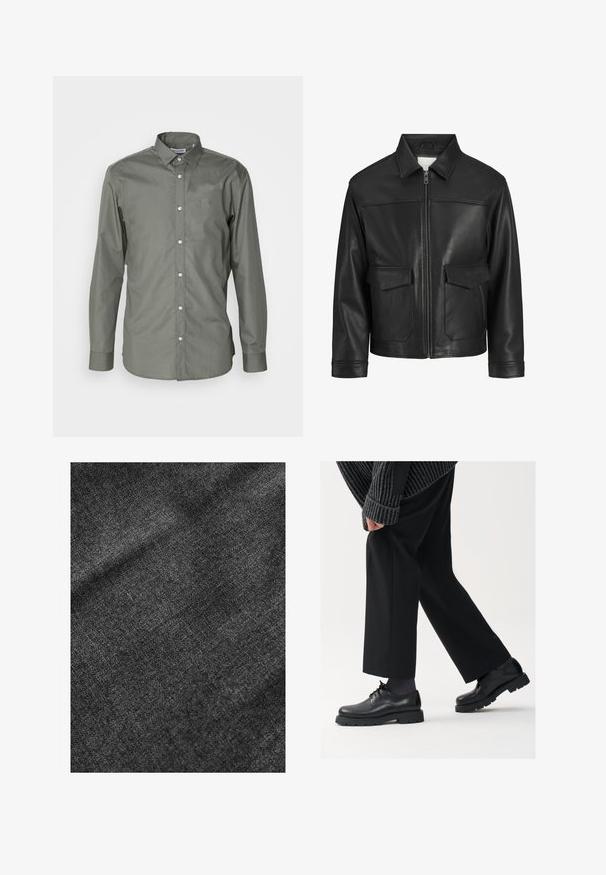 Giubbotto di pelle nera con colletto, chiusura frontale con zip, due ampie tasche a pattina, texture liscia e vestibilità strutturata.; Camicia da uomo a maniche lunghe in tessuto verde oliva, con chiusura a bottoni, colletto alla francese e polsini arrotondati con una leggera texture.; Tessuto nero testurizzato con una superficie morbida e leggermente lucida, che mostra un sottile motivo di tessitura e una caduta morbida.; Scarpe in pelle nera con punta arrotondata, design con lacci e suola spessa e texture. Indossate con pantaloni neri su misura e un maglione a coste.