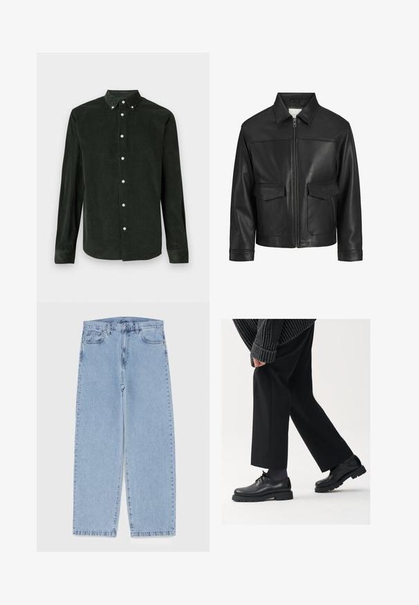 Zwarte leren jack met kraag, ritssluiting aan de voorkant, twee grote klepzakken, een gladde textuur en een gestructureerde pasvorm.; Donkergroene corduroy overhemd met lange mouwen en knoopsluiting met een button-down kraag op een witte achtergrond.; Lichtblauwe denim jeans met een recht model, voorzien van een middelhoge taille, vijf zakken en een knoop- en ritssluiting.; Zwarte leren schoenen met een afgeronde neus, vetersluiting en een dikke, getextureerde zool. Draagt een gepaste zwarte broek en een geribbelde trui.