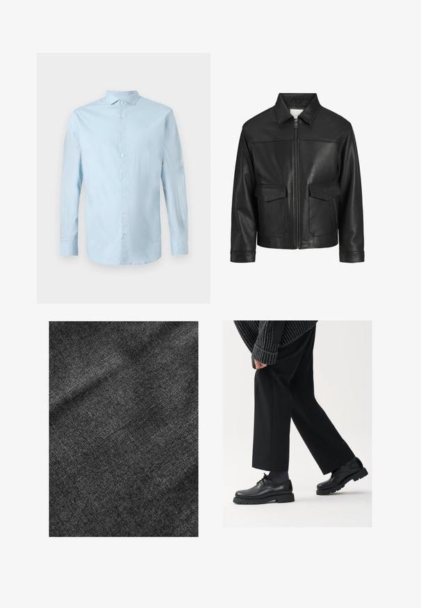 Zwarte leren jack met kraag, ritssluiting aan de voorkant, twee grote klepzakken, een gladde textuur en een gestructureerde pasvorm.; Lichtblauw overhemd met lange mouwen en knoopsluiting, voorzien van een klassieke kraag, witte knopen en een iets gekreukt stoftextuur.; Geweven zwarte stof met een zachte, licht glanzende oppervlakte, die een subtiel weefpatroon en een soepele val vertoont.; Zwarte leren schoenen met een afgeronde neus, vetersluiting en een dikke, getextureerde zool. Draagt een gepaste zwarte broek en een geribbelde trui.