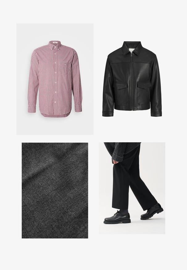 Jachetă din piele neagră cu guler, închidere cu fermoar pe față, două buzunare mari cu clapă, textură netedă și croială structurată.; Cămașă cu mâneci lungi, în carouri roșii și albe, cu guler și o buzunar pe piept. Confecționată dintr-un material ușor, cu o textură netedă.; Ţesătură neagră texturată, cu o suprafaţă moale, uşor lucioasă, care prezintă un model de ţesătură subtilă şi o cădere netedă.; Pantofi din piele neagră cu vârf rotunjit, design cu şireturi şi o talpă groasă, texturată. Purtați cu pantaloni negri bine croiți și un pulover cu ripuri.