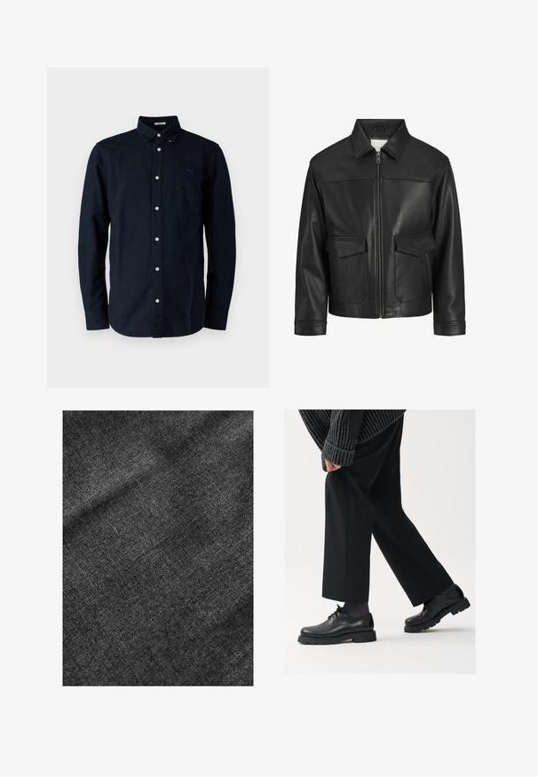 Musta nahkatakki, jossa on kaulus, edessä vetoketjukiinnitys, kaksi suurta läpällistä taskua, sileä pinta ja muotoiltu leikkaus.; Tummansininen napitettavaa paitaa ovat valmistettu puuvillasta, ja siinä on klassinen kaulus, pitkät hihat sekä pieni brodeerattu logo rinnassa.; Teksturoitu musta kangas, jossa on pehmeä, hieman kiiltävä pinta, joka näyttää hienovaraisen kudontakuosisen ja sujuvan laskoksen.; Mustat nahkakengät, joissa on pyöreä kärki, nauhakiinnitys ja paksu, teksturoitu pohja. Yhdistetty räätälöityjen mustien housujen ja ribbivillapuseron kanssa.