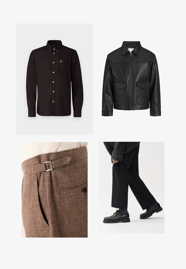 Črna usnjena jakna s ovratnikom, sprednjim zadrgo, dvema velikima žepoma s klapnio in gladko teksturo ter strukturirano prileganje.; Lyle & Scott PLAIN - Srajca - sediment; Rjave prirejene hlače iz teksturirane tkanine, ki vključujejo srebrno zaponko v pasu, pregibe in zadnji žep z gumbom.; Črne usnjene čEvlje s zaobljenim nosom, zavezovanjem in debelim, teksturiranim podplatom. Obute z urejenimi črnimi hlačami in rebrastim puloverjem.