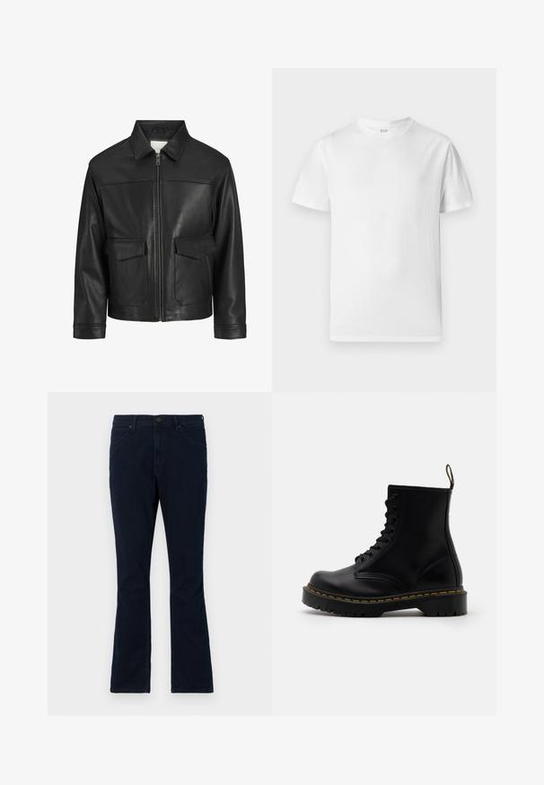 Juodas odinis švarkas su apykakle, priekinis užtrauktukas, dvi didelės kišenės su atlapais, lygus paviršius ir struktūruotas siluetas.; Balta trumpa rankovėmis marškinėliai, pagaminti iš švelnios medvilnės. Turi apvalų iškirpimą ir tiesų apdailą su minimaliu puošu.; Tamsiai mėlynos džinsinės kelnės su plačiu apatine dalimi, su mygtuko uždarymu, penkių kišenių dizainu ir šiek tiek išblukusiais keliais.; Juodi odiniai auliniai batai su raištelių priekiu, geltonu siuvimu, apvaliu pirštu ir storu, tekstūruotu guminio pado.