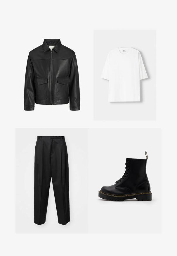 Čierna kožená bunda s golierom, predným zipsom, dvomi veľkými vreckami na klopu, hladkou textúrou a štruktúrovaným strihom.; Biela tričko s krátkym rukávom vyrobené z bavlny, s okrúhlym výstrihom a voľným strihom. Hladká textúra, bez viditeľných vzorov alebo akcentov.; Čierne stiahnuté nohavice s vysokým pásom, širokými nohavicami a ostrými záhybmi. Vyrobené z hladkej látky s pútkami na opasok a bez viditeľných kovových prvkov.; Čierne kožené členkové čižmy s šnurovaním vpredu, žltým prešívaním, okrúhlou špičkou a hrubou, textúrovanou gumovou podrážkou.