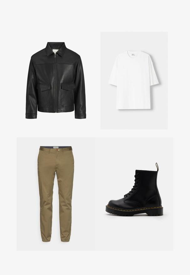 Schwarze Lederjacke mit Kragen, Frontreißverschluss, zwei großen Klappen Taschen, glatte Textur und strukturierte Passform.; Weißes kurzärmliges T-Shirt aus Baumwolle mit Rundhalsausschnitt und lockerer Passform. Glatte Textur, ohne sichtbare Muster oder Akzente.; Khaki-Chinos aus Baumwollmischung, schlank geschnitten mit glatter Textur, mit einem braunen Knopf und gewebtem Taillenbund-Detail.; Schwarze Leder-Ankle-Boots mit schnürbarem Vorderteil, gelben Nähten, runder Zehenpartie und dicker, strukturierter Gummisohle.