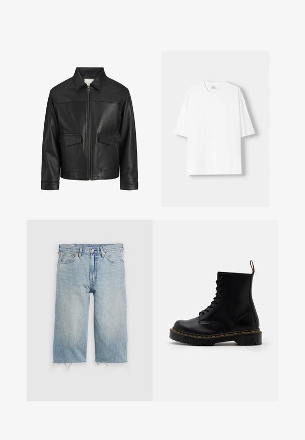 Zwarte leren jack met kraag, ritssluiting aan de voorkant, twee grote klepzakken, een gladde textuur en een gestructureerde pasvorm.; Witte t-shirt met korte mouwen, gemaakt van katoen, met een ronde halslijn en een relaxte pasvorm. Gladde textuur, zonder zichtbare patronen of accenten.; Lichtblauwe spijkerbroekshorts met een rechte snit, rafelige zoom, vijf-pocket ontwerp en een knoopsluiting in de taille.; Zwarte leren enkelboots met een vetersluiting aan de voorkant, gele stiksels, een ronde neus en een dikke, gestructureerde rubberen zool.