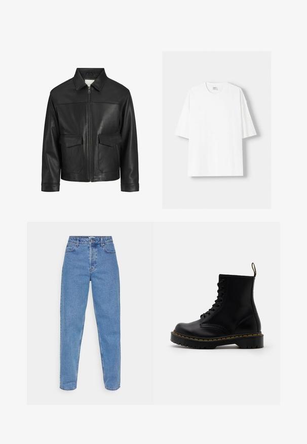 Sort læderjakke med krave, lynlås foran, to store klapperlommer, glat tekstur og struktureret pasform.; Hvid kortærmet T-shirt lavet af bomuld, med rund halsudskæring og en afslappet pasform. Glat tekstur, uden synlige mønstre eller detaljer.; Lysblå denim jeans, højtaljede med lige ben, featuring fem lommer og en klassisk knap- og lynlås lukning.; Sorte læder ankelstøvler med snørebånd foran, gul syning, en rund tå og en tyk, tekstureret gummisål.