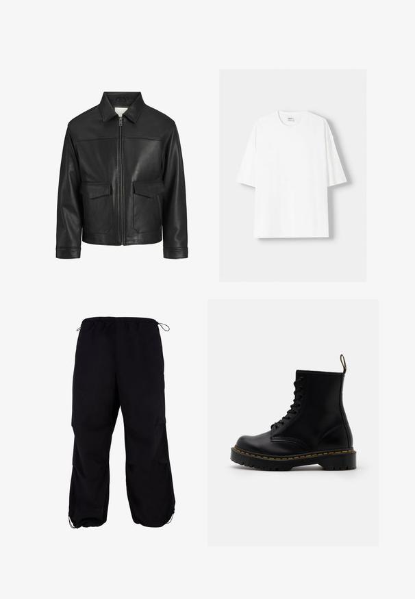 Musta nahkatakki, jossa on kaulus, edessä vetoketjukiinnitys, kaksi suurta läpällistä taskua, sileä pinta ja muotoiltu leikkaus.; Valkoinen lyhythihainen t-paita, joka on valmistettu puuvillasta, ominaisuutenaan pyöreä pääntie ja rento istuvuus. Sileä pinta, ilman näkyviä kuvioita tai yksityiskohtia.; Mustat, väljemmät cargo-housut, joissa on joustava vyötärö ja säädettävä nauha. Varustettu vetoketjullisilla taskuilla ja nilkkahihnoilla.; Mustat nahkaiset nilkkasaappaat, joissa on nauhaketjullinen etuosa, keltainen ympärystikkauksen, pyöreä varvas ja paksu, teksturoitu kumipohja.