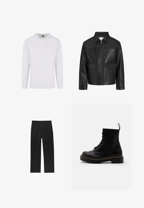 Črna usnjena jakna s ovratnikom, sprednjim zadrgo, dvema velikima žepoma s klapnio in gladko teksturo ter strukturirano prileganje.; Majica z dolgimi rokavi, okroglega izreza iz belega bombaža. Gladka tekstura s preprostim dizajnom brez vidnih vzorcev ali akcentov.; Črne hlače z ravnim krojem, narejene iz gladkega materiala. Imajo sprednje gube in enojno zaponko na pasu.; Črne usnjene gležnjarje z vezalkami spredaj, rumenim šivom, zaobljenim nosom in debelim, teksturiranim gumijastim podplatom.