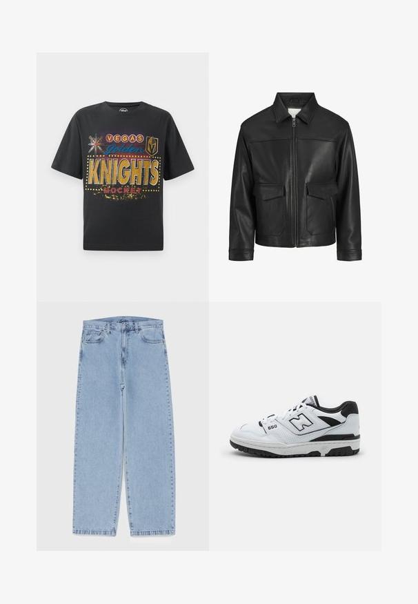 Jachetă din piele neagră cu guler, închidere cu fermoar pe față, două buzunare mari cu clapă, textură netedă și croială structurată.; Tricou negru din bumbac cu imprimeu "Hochei Vegas Golden Knights" în culori aurii, albastre și roșii, cu icoane de stea și scut și accente punctate.; Jeans din denim de culoare albastru deschis, cu un design cu picioare drepte, având talie medie, cinci buzunare și un sistem de închidere cu nasture și fermoar.; Tenis de culoare albă, cu accenturi negre, superior din piele și plasă, detalii perforate, guler căptușit și talpă de cauciuc groasă. Model 550.