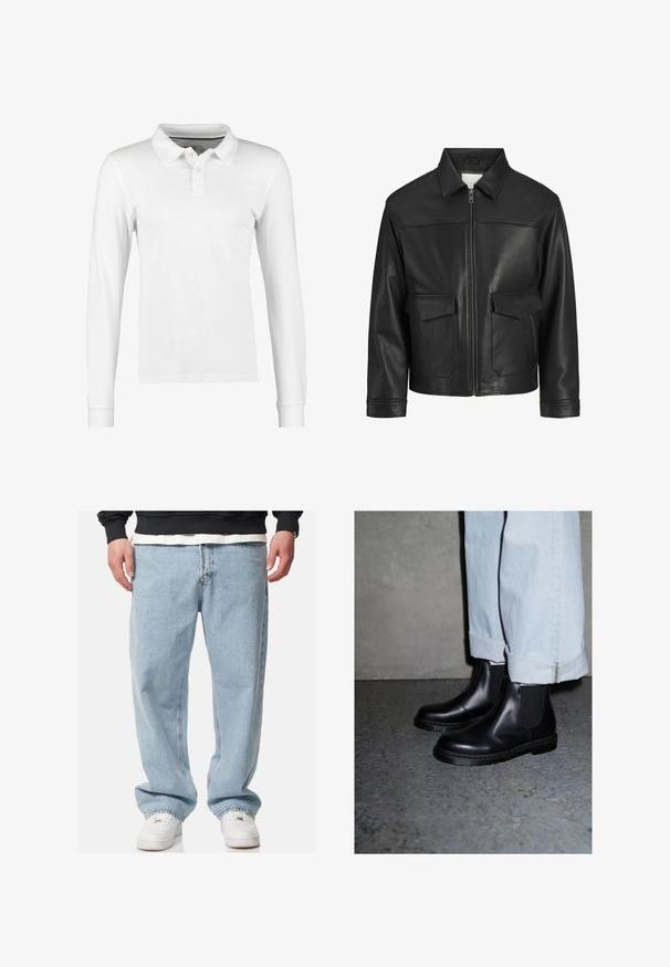 Schwarze Lederjacke mit Kragen, Frontreißverschluss, zwei großen Klappen Taschen, glatte Textur und strukturierte Passform.; Langarm-Poloshirt aus weißer Baumwolle mit einem kragenförmigen Halsausschnitt, einer Knopfleiste mit drei Knöpfen und einer schlichten Struktur ohne Muster oder Verzierungen.; Hellblaue Denim-Jeans mit lockerer Passform, geradem Bein-Design und dezentem Verblassen. Abgeschlossen mit traditionellem Fünf-Taschen-Stil und Nähdetails.; Schwarze Leder Chelsea-Stiefel mit elastischen Seitenteilen und einer strukturierten Gummisohle, kombiniert mit hellblauen, umgekrempelten Jeans.