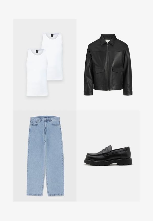 Schwarze Lederjacke mit Kragen, Frontreißverschluss, zwei großen Klappen Taschen, glatte Textur und strukturierte Passform.; Zwei weiße, ärmellose Tanktops aus einem weichen, leichten Material. Sie haben einen runden Halsausschnitt und ein sauberes, einfaches Design.; Hellblaue Jeans aus Denim mit geradem Bein, ausgestattet mit einer mittelhohen Taille, fünf Taschen sowie einem Knopf- und Reißverschluss.; Schwarze Lederloafers mit abgerundetem Zehenbereich, strukturierten Akzenten an der Vorderseite und einer stabilen Gummisohle mit Rillen für besseren Halt.