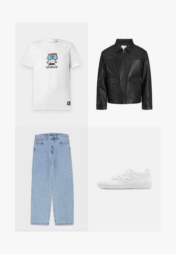 Zwarte leren jack met kraag, ritssluiting aan de voorkant, twee grote klepzakken, een gladde textuur en een gestructureerde pasvorm.; Witte T-shirt met een cartoonfiguur die blauwe brillen en rood haar draagt, boven het woord "GENIUS" op de borst, Cartoon Network-label aan de onderkant.; Lichtblauwe denim jeans met een recht model, voorzien van een middelhoge taille, vijf zakken en een knoop- en ritssluiting.; Witte sneaker van glad leer, met geperforeerde neus, een gestructureerde rubberen zool, platte veters en een prominente 'N' logo aan de zijkant.