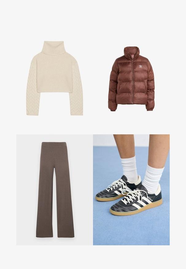Pruun puffer jakk, millel on kõrge kaelus, lukuga esiosa, tikandiga disain ja elastsed mansetid. Vasaku rinna peal on valge logo.; Kreemi värvi lühike sviiter kõrge kaelusega, tekstuuriga kootud keha ja herringbone-mustriga varrukatega. Valmistatud pehmest lõngast.; Laiad pahkluudriga püksid tumepruunis toonis, millel on veniv vöökoht ja pehme, tekstuuriga kangas.; Mustad nahast tennisetossud valgete triipudega, ümar nina, valged paelad ja kummist tallad. Esiletõstetud pehmendatud krae ja brändingu detailid.