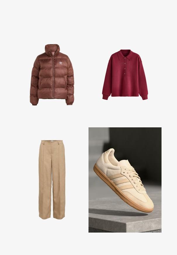 Pruun puffer jakk, millel on kõrge kaelus, lukuga esiosa, tikandiga disain ja elastsed mansetid. Vasaku rinna peal on valge logo.; Pikad varrukad burgundia värvi kudumiga polo särk, millel on neli nuppu ja soonikkoes varrukad valgel taustal.; Bežid laiad püksid, mis on valmistatud tekstureeritud kangast. Omab elastset vöökohta ja kahte ees olevat voldikut stiili lisamiseks.; Hele beeži sueded spordijalatsid, millel on kummist välistald, kolm diagonaalset triipu ja tekstuuriga varvaste katus. Omab logo keelel ja külgedel.