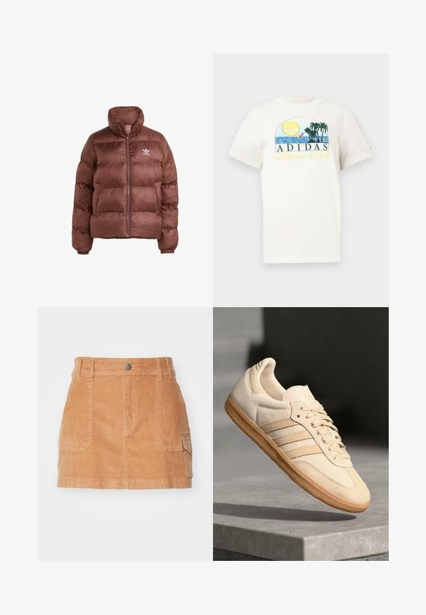 Braune Daunenjacke mit hohem Kragen, Reißverschluss vorne, gestepptem Design und elastischen Bündchen. Mit weißem Logo auf der linken Brust.; Weißes Baumwoll-T-Shirt mit einem grafischen Design, das eine Sonne, Palmen und Wasser zeigt. "ADIDAS Sports Club" in grün und gelb aufgedruckt.; Hellbrauner Cord-Rock in Mini-Länge mit hohem Taillenbund, vorderen Taschen und einer glatten Textur mit vertikalen Rippungen.; Helle beigetöne Wildledersneaker mit Gumminsohle, drei schrägen Streifen und einer strukturierten Zehenkappe. Mit Logo auf der Zunge und der Seite.