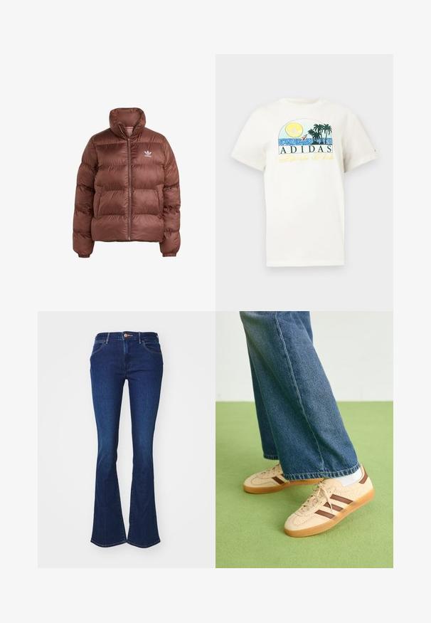 Brown puffer jacket with high collar, zip front, quilted design, and elastic cuffs. Features white logo on the left chest.; White cotton t-shirt featuring a graphic design with a sun, palm trees, and water. "ADIDAS Sports Club" printed in green and yellow.; Dark blue denim flared jeans with a fitted waist, button closure, and subtle fading. Contrast stitching visible along seams.; Beige sneakers with textured cream panels and brown stripes, paired with blue denim jeans. The jeans have a wide leg and frayed hem.