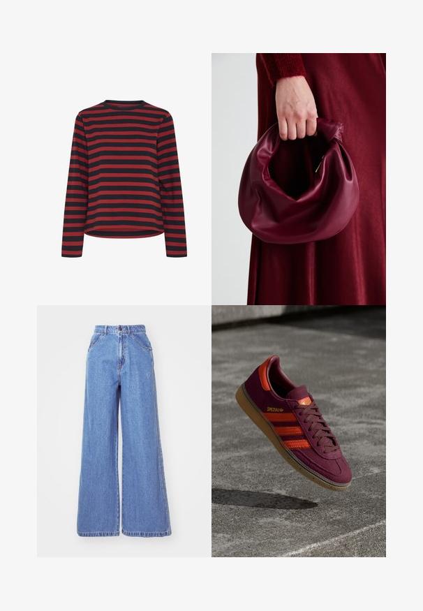 Ruskea puffatakki, jossa on korkea kaulus, vetoketjukÝnŏلا, tikattu muotoilu ja joustavat hihansuut. Vasemmassa rinnassa on valkoinen logo.; Pitkähihaisessa paidassa on musta ja punainen raidoitus, pyöreä kaula-aukko, puuvillakangasta, rento istuvuus, suora helma ja sivusaumat.; adidas Originals Straight leg -farkut - light denim; Viininpunaiset mokkakengät oranssilla raidalla ja yksityiskohdilla, ruskeat nauhat ja kumipohja. Kengissä on logo-osa kielen päällä.; Burgundy-nahkakäsilaukku, jossa on pehmeä, ryppyinen muotoilu ja pyöreä muoto. Kahva on kiinnitetty tukevasti, ja siinä on sileä pinta.