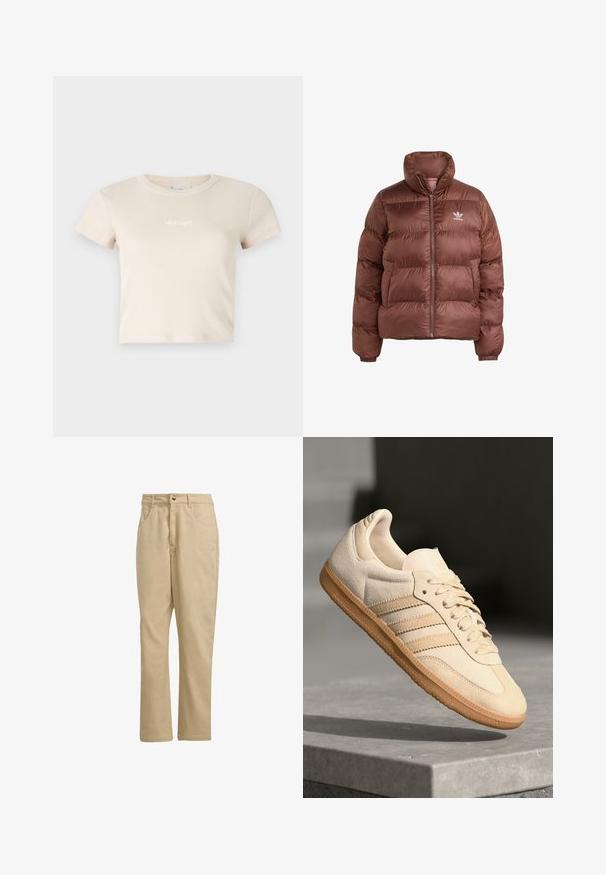 Bruine pufferjack met hoge kraag, ritssluiting aan de voorkant, gequilt ontwerp en elastische manchetten. Beschikt over een wit logo op de linkerborst.; Beige cropped t-shirt van ribgebreid materiaal, met een ronde halslijn en korte mouwen. Bevat een klein contrasterend logo aan de voorkant.; Khaki katoenen broek met een rechte snit, voorzien van een sluiting met een voorknopf, twee zijzakken en minimale merkidentificatie aan de voorkant.; Lichtbeige suède sneaker met een gumrubberen buitenzool, drie diagonale strepen en een textuur op de neus. Voorzien van een logo op de tong en de zijkant.