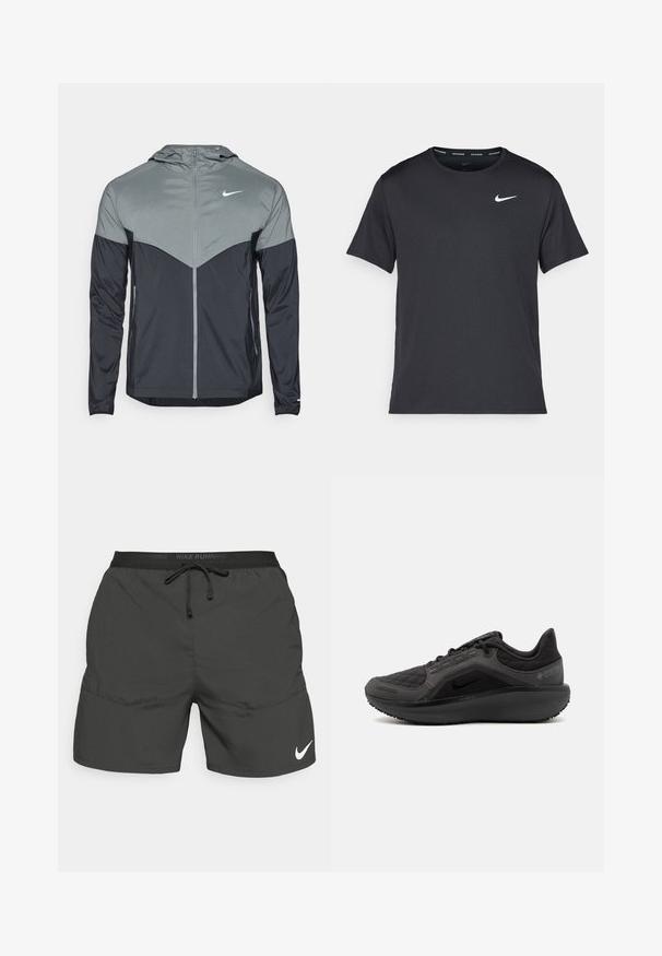 Nike capuchonjack met een gradientontwerp, met een lichtgrijze bovenkant en een donkergrijze onderkant. Gemaakt van gladde, lichte stof, met ritssluiting.; Zwarte Nike hardloop T-shirt gemaakt van lichtgewicht, ademend materiaal, met korte mouwen en een klein wit logo op de borst.; Zwarte hardloopshorts met een elastische tailleband, trekkoord, zijzakken en een wit Nike-logo op het linkeronderbeen.; Zwarte sportieve schoen met een gestructureerde, gewatteerde bovenkant, slank ontwerp en zwarte rubberen zool. Voorzien van een zichtbaar logo en Gore-Tex branding.