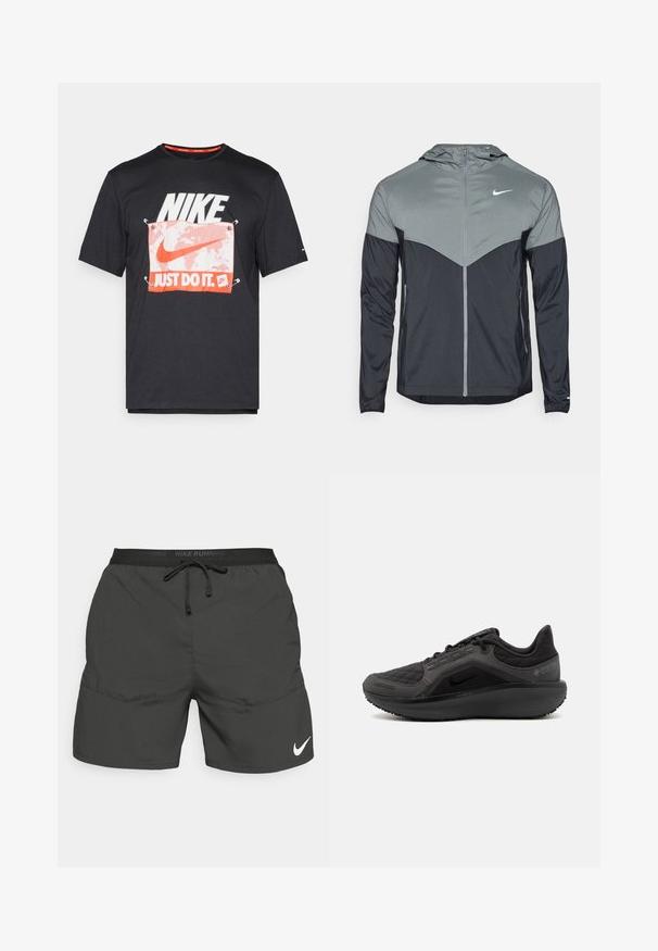 Chaqueta con capucha de Nike que presenta un diseño degradado con la parte superior en gris claro y la parte inferior en gris oscuro. Fabricada con un tejido suave y ligero, con cierre de cremallera.; Camiseta de algodón negra con un gran logo blanco de "NIKE" y un gráfico en naranja de "JUST DO IT" sobre un fondo blanco, con detalles de costura prominentes.; Pantalones cortos de correr negros con cinturilla elástica, cordón, bolsillos laterales y un logotipo de Nike en blanco en la parte inferior de la pierna izquierda.; Zapatilla deportiva negra con una parte superior acolchada texturizada, diseño elegante y suela de goma negra. Presenta un logo visible y la marca Gore-Tex.