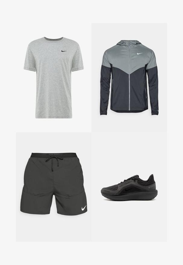 Chaqueta con capucha de Nike que presenta un diseño degradado con la parte superior en gris claro y la parte inferior en gris oscuro. Fabricada con un tejido suave y ligero, con cierre de cremallera.; Camiseta de algodón gris con cuello redondo, mangas cortas y un pequeño logo negro de Nike en el pecho. Textura suave, diseño casual.; Pantalones cortos de correr negros con cinturilla elástica, cordón, bolsillos laterales y un logotipo de Nike en blanco en la parte inferior de la pierna izquierda.; Zapatilla deportiva negra con una parte superior acolchada texturizada, diseño elegante y suela de goma negra. Presenta un logo visible y la marca Gore-Tex.