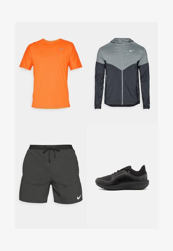 Nike huvjacka med en gradientdesign med ljusgrå övre del och mörkgrå nedre del. Tillverkad av mjukt, lätt material med dragkedjestängning.; T-shirt med kort ärm och rund halsringning i en livlig orange färg, med en subtil bergslogotyp i ljusblått på bröstet. Slät textur.; Svarta löparshorts med resårmidja, snörning, sidofickor och en vit Nike-logga på nedre vänstra benet.; Svart atletiska skor med ett texturerat kviltat ovandel, slankt design och svart gummisula. Har en synlig logga och Gore-Tex märkning.
