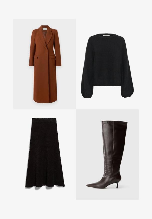 Długi, rdzawobrązowy płaszcz z wełny o dopasowanym kroju, z klapami, kieszeniami z klapkami oraz satynowym wykończeniem wewnętrznym, z zapięciem na guziki ukrytym pod przednim panelem.; Gestuz ALPHA czarny; Czarna, puszysta spódnica z tkaniny o kształcie litery A i surowym wykończeniu. Tekstura wydaje się miękka i przytulna, odpowiednia do codziennego noszenia lub do noszenia w warstwach.; Brązowy skórzany kozak do kolan z szpiczastym nosem i smukłym obcasem. Gładka tekstura i elegancki design, charakteryzujący się minimalistyczną sylwetką.