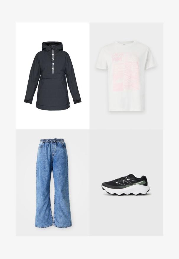 Must värviline soojustatud jakk kapuutsiga, esitades esimesel külgmisel lukku, silmapaistev logo rinnal ja reguleeritavad mansetid. Tekstureeritud kangas polsterdusega.; Valge puuvillane T-särk, millel on roosa graafiline trükk tekstiga "CATCH A WAVE" ja abstraktsed kujundid esitropil. Lühikesed varrukad, ümar kaelus.; Heledsinine denimist laiade jalgadega püksid, millel on elastne vöökoht ja pael. Omab topeltõmblustega õmblusi ja tooreid servi. Taskud pole nähtavad.; Musta spordijalats, millel on võrgust pealispind, valged ja helesinised aktsendid, pehmendusega valge tald ning tekstureeritud haardepind välispinnal.