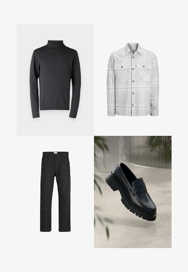 Pilkos langeliais flanelinės marškinės su mygtukais ir dviem krūtinės kišenėmis. Išskirtinis raštas su baltais ir juodais akcentais.; Tamsiai pilkas golfas, pagamintas iš minkštos medžiagos, turintis ilgas rankoves ir banginiai iki apykaklės bei apačios, su lygiu, vienodu paviršiumi.; Juodi kelniai, pagaminti iš tvirto audinio, su tiesiomis kojomis, siuvinėtomis detalėmis ir dviem priekinėmis kišenėmis funkcionalumui.; Juodi odiniai loafai su storesniu pado protektoriumi, turintys dekoratyvinę juostelę ir siuvinėjimo detales. Lygi tekstūra su blizgiu paviršiumi.